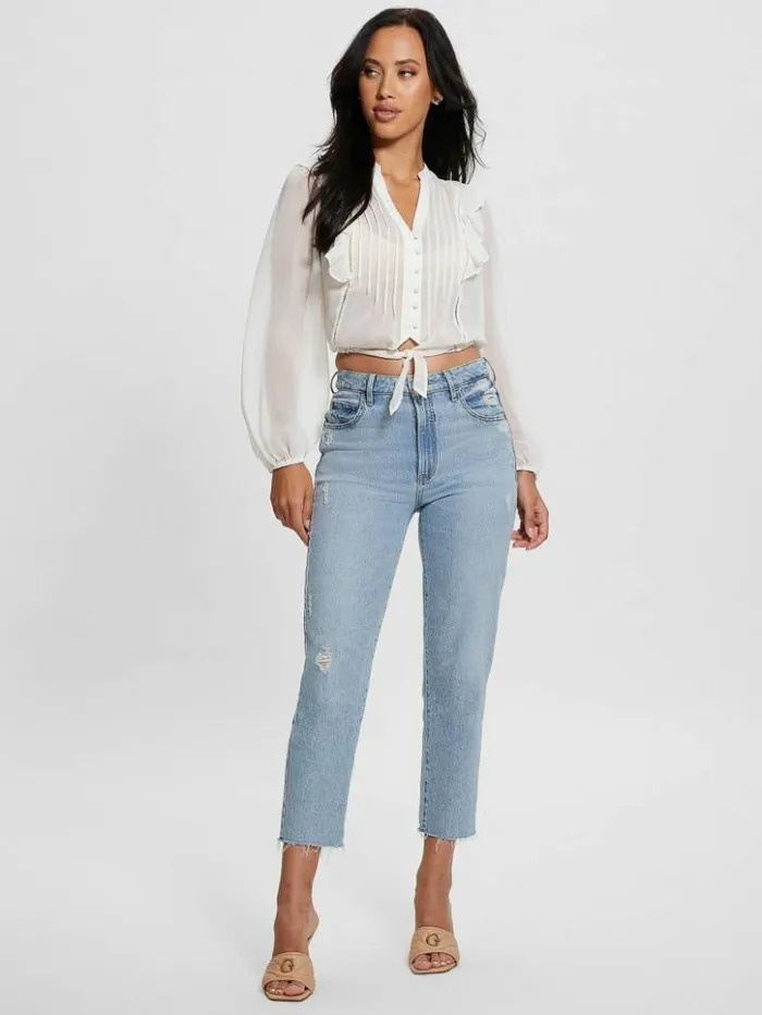 Women GUESS Tops Eco Dionne Chiffon TieFront Top Dove White
