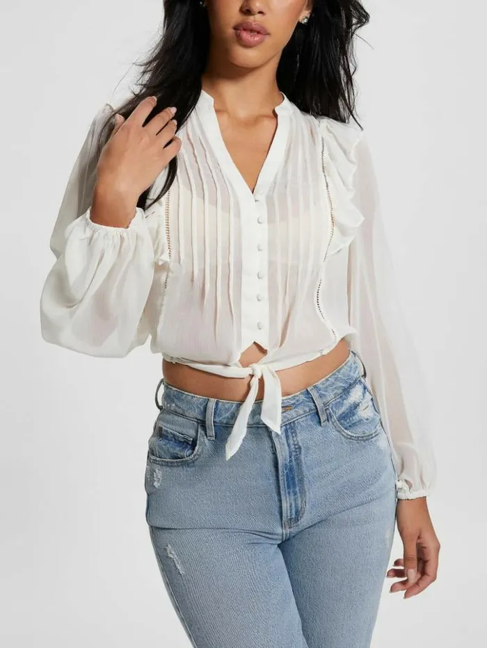 Women GUESS Tops Eco Dionne Chiffon TieFront Top Dove White