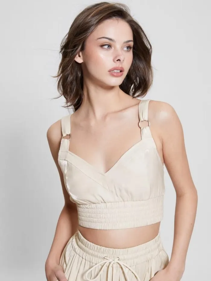 Women GUESS Tops Eco Emma Satin Crop Top Cemento Multi