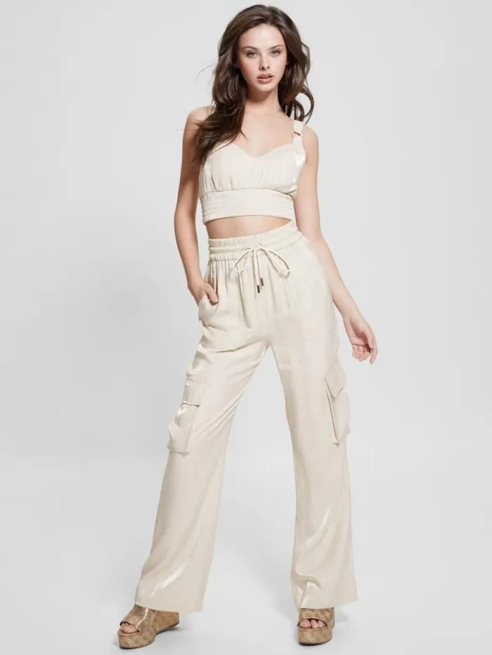 Women GUESS Tops Eco Emma Satin Crop Top Cemento Multi
