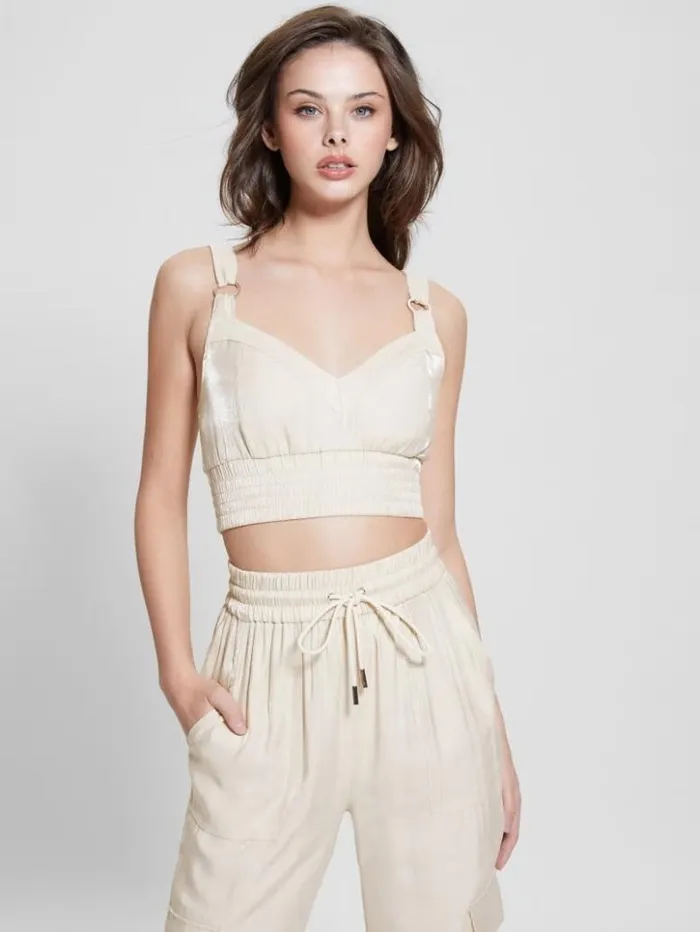 Women GUESS Tops Eco Emma Satin Crop Top Cemento Multi