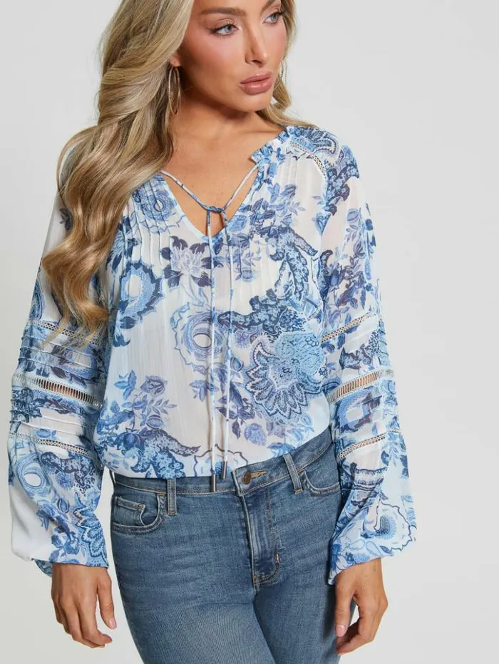 Women GUESS Tops Eco Gilda Sheer LongSleeve Blouse Blue Collectibles
