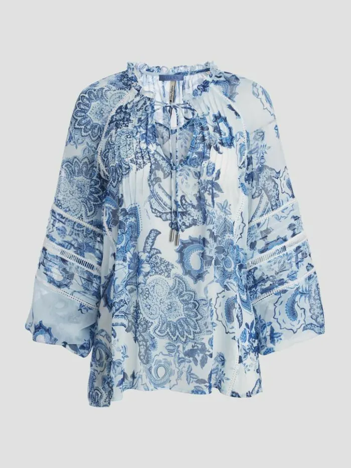 Women GUESS Tops Eco Gilda Sheer LongSleeve Blouse Blue Collectibles
