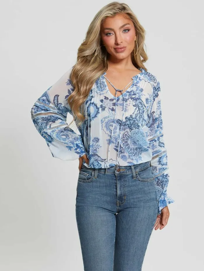 Women GUESS Tops Eco Gilda Sheer LongSleeve Blouse Blue Collectibles