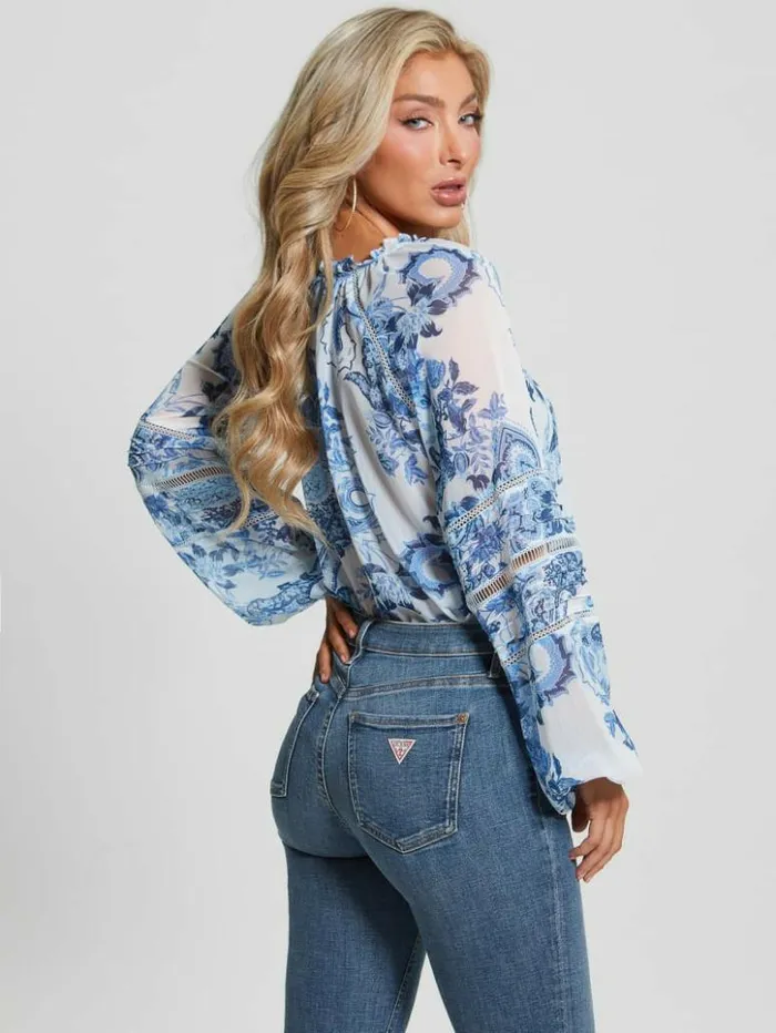 Women GUESS Tops Eco Gilda Sheer LongSleeve Blouse Blue Collectibles