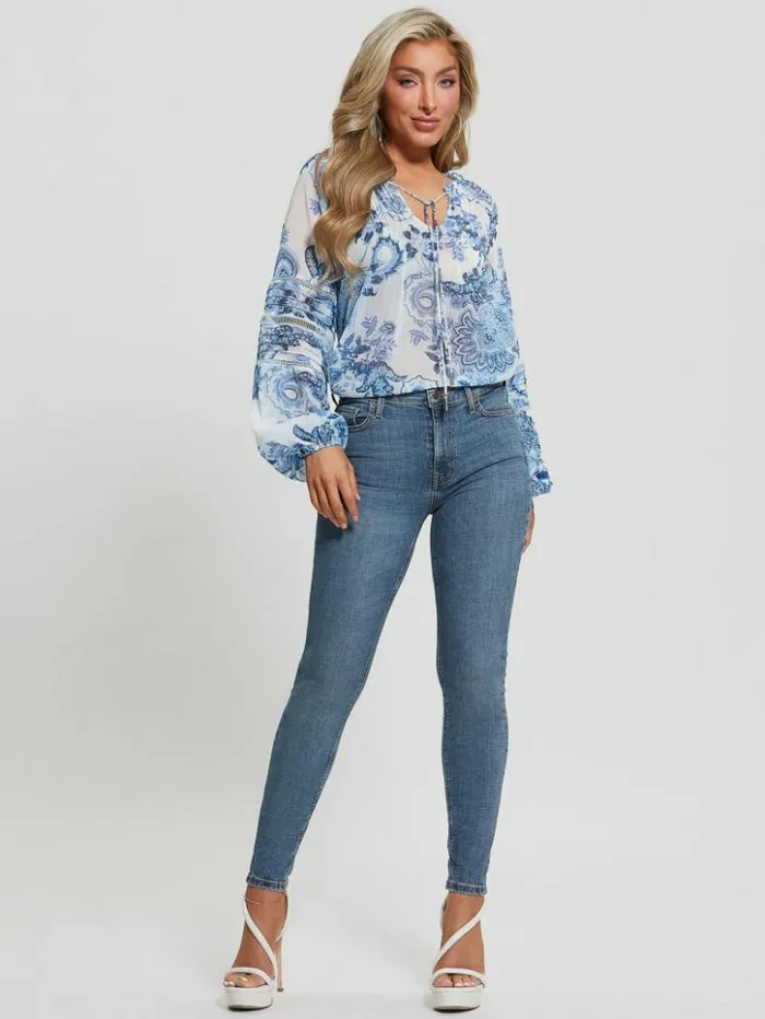 Women GUESS Tops Eco Gilda Sheer LongSleeve Blouse Blue Collectibles
