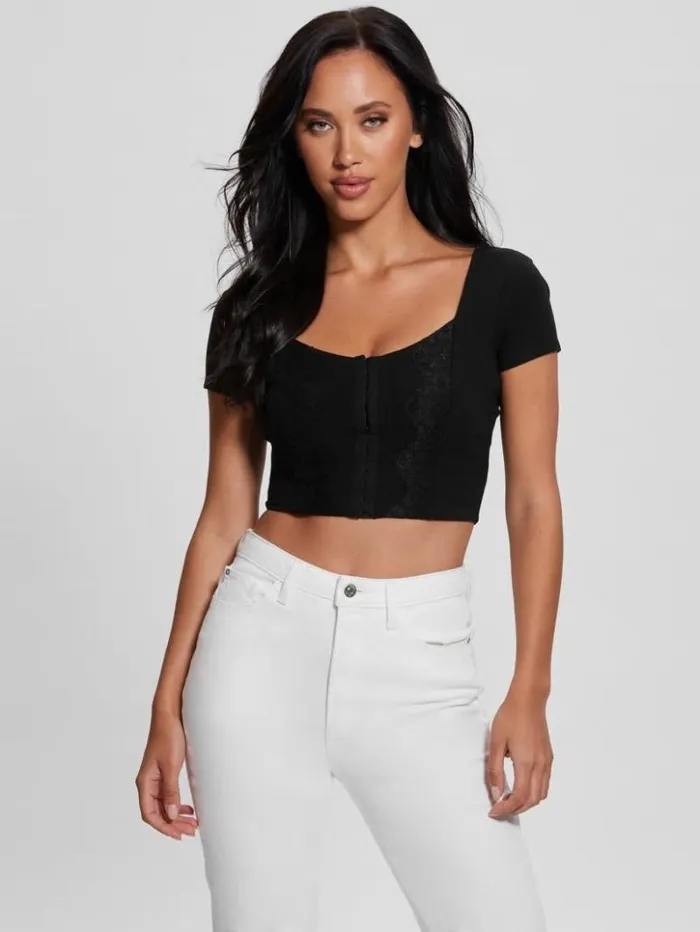 Women GUESS Tops Eco Jamie RibKnit Corset Top Black