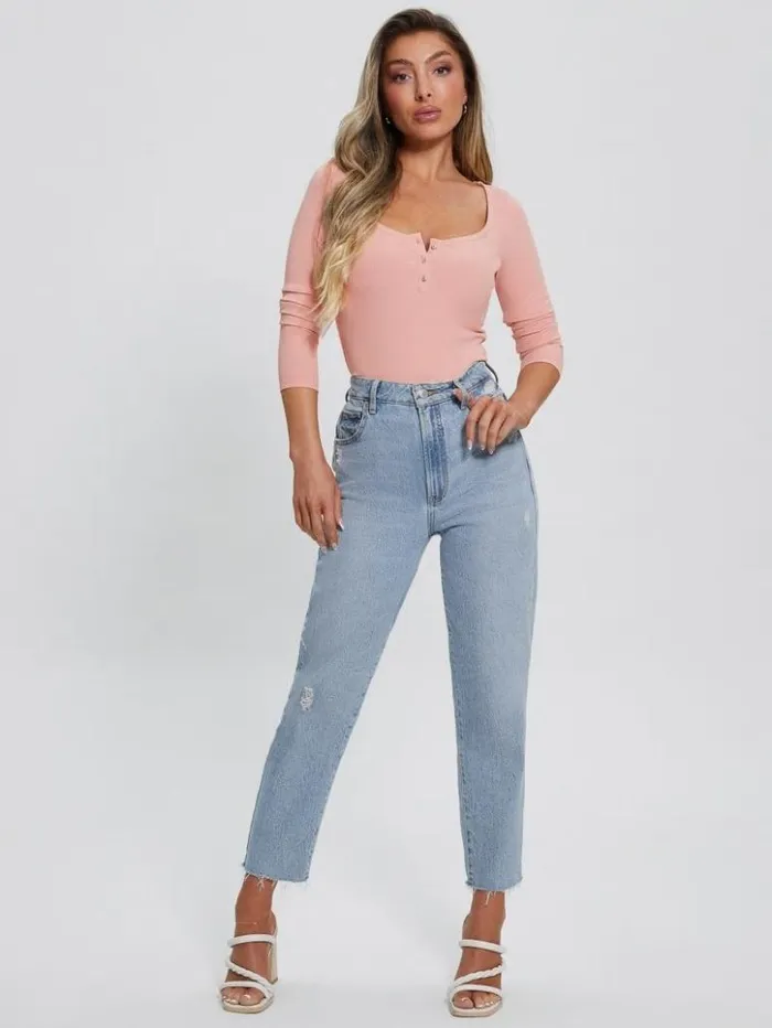 Women GUESS Tops Eco Karlee LongSleeve Henley Smooth Pink