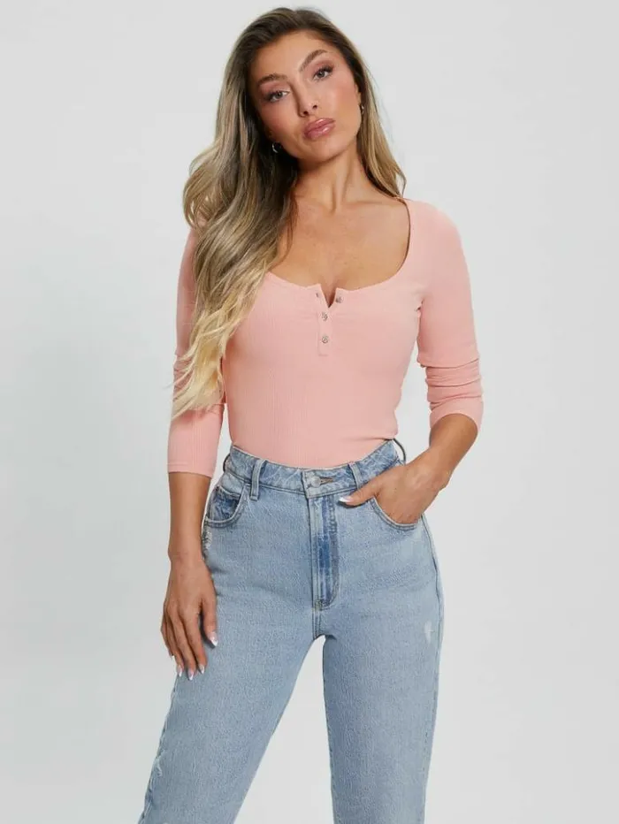 Women GUESS Tops Eco Karlee LongSleeve Henley Smooth Pink