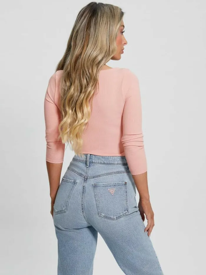 Women GUESS Tops Eco Karlee LongSleeve Henley Smooth Pink