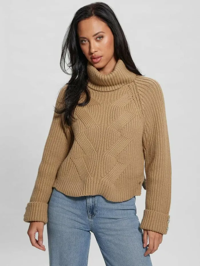 Women GUESS Tops Eco Lois Turtleneck Sweater Toasted Taupe Multi