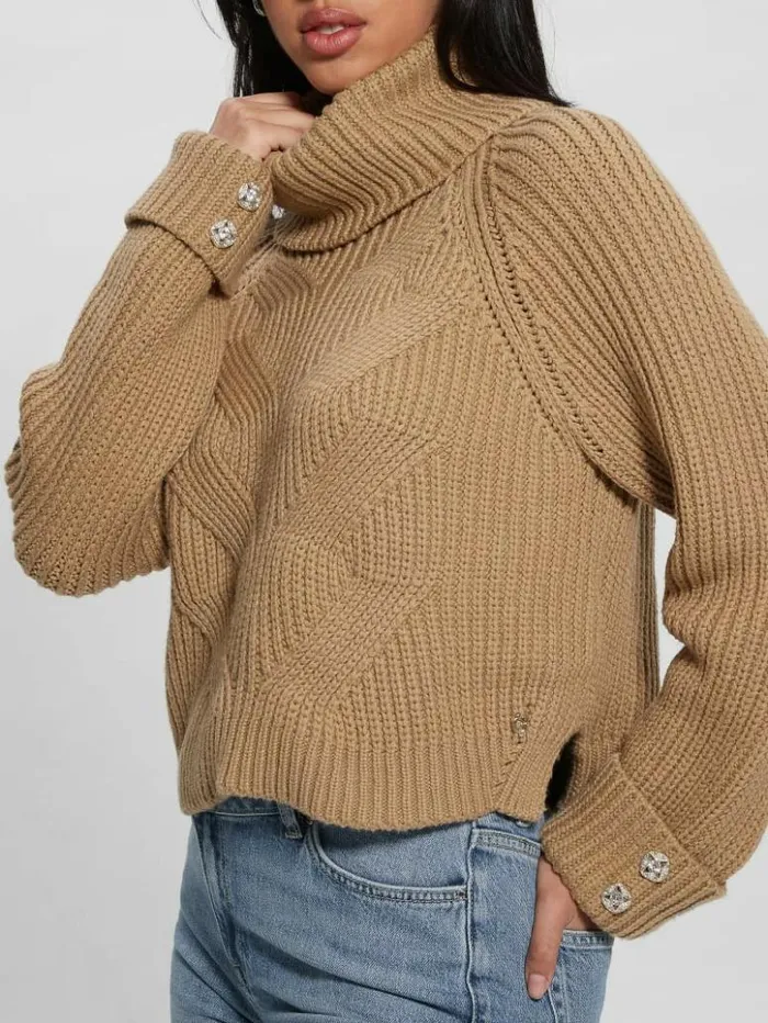 Women GUESS Tops Eco Lois Turtleneck Sweater Toasted Taupe Multi
