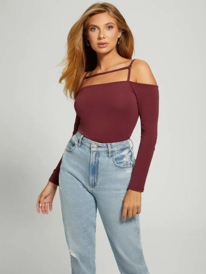 Women GUESS Tops Eco Malaya Harnessed Bodysuit Mystic Wine