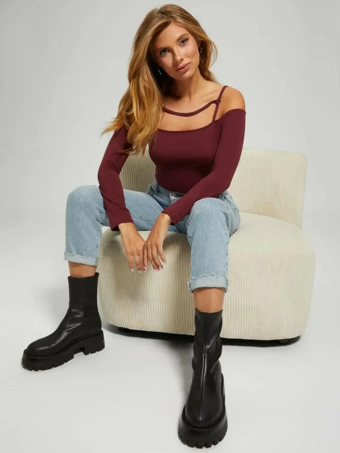 Women GUESS Tops Eco Malaya Harnessed Bodysuit Mystic Wine