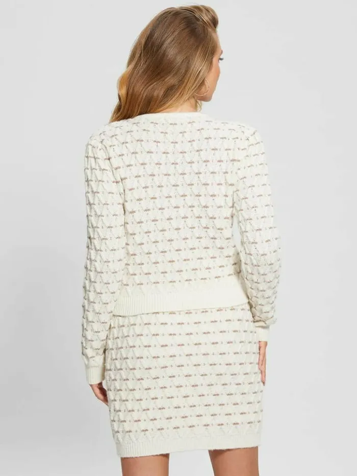 Women GUESS Tops Eco Miya CrossStitch Cardigan Sweater Dove White Multi