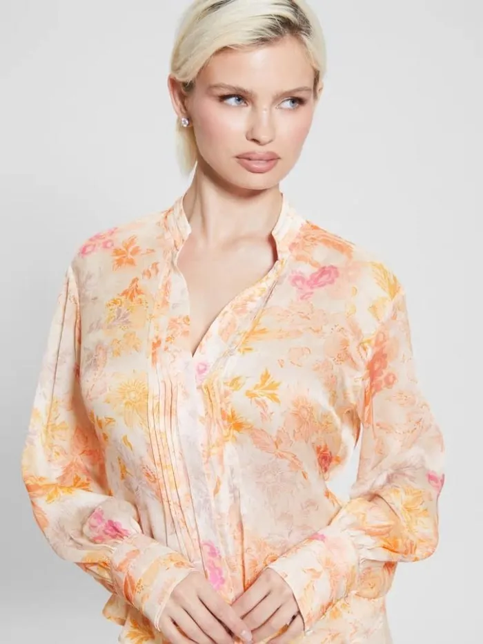 Women GUESS Tops Eco Monica Chiffon LongSleeve Top Tangerine Bloom