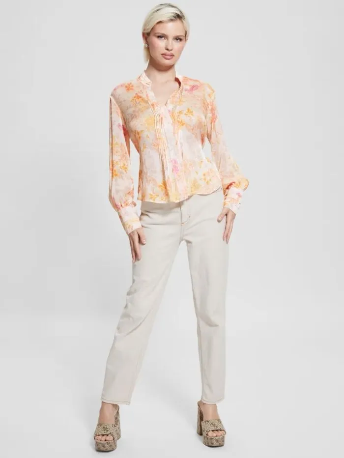 Women GUESS Tops Eco Monica Chiffon LongSleeve Top Tangerine Bloom