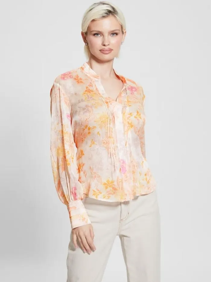 Women GUESS Tops Eco Monica Chiffon LongSleeve Top Tangerine Bloom