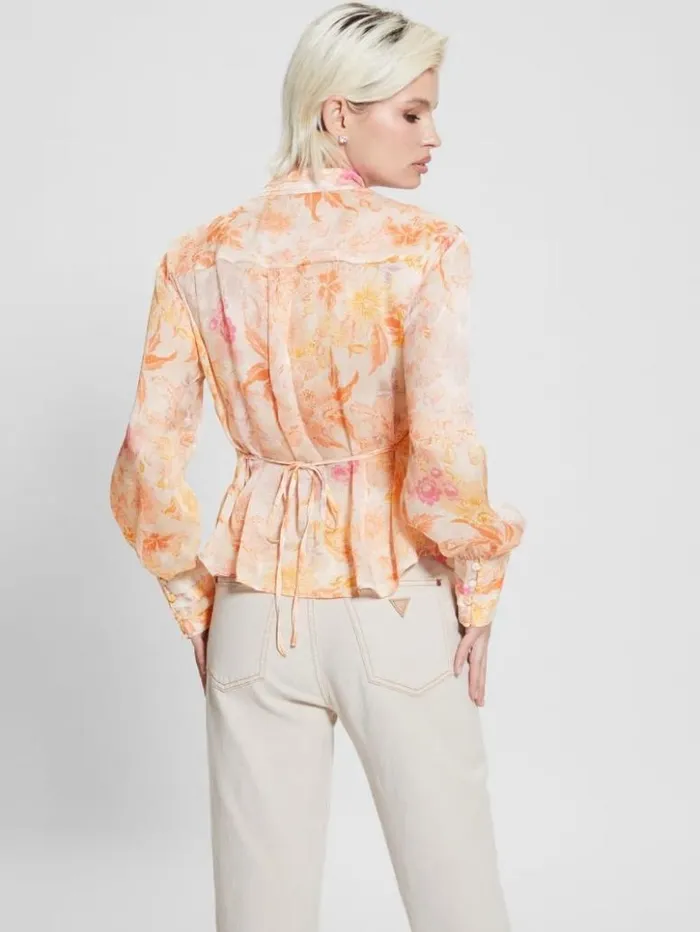Women GUESS Tops Eco Monica Chiffon LongSleeve Top Tangerine Bloom