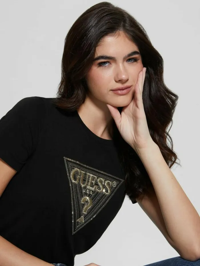 Women GUESS Tops Eco MultiTone Sequin Logo Tee Black