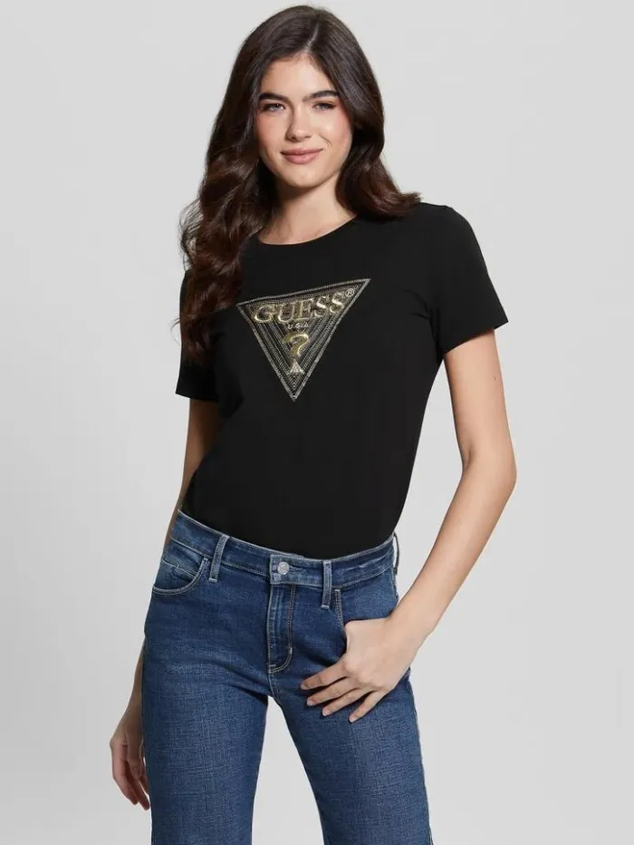 Women GUESS Tops Eco MultiTone Sequin Logo Tee Black