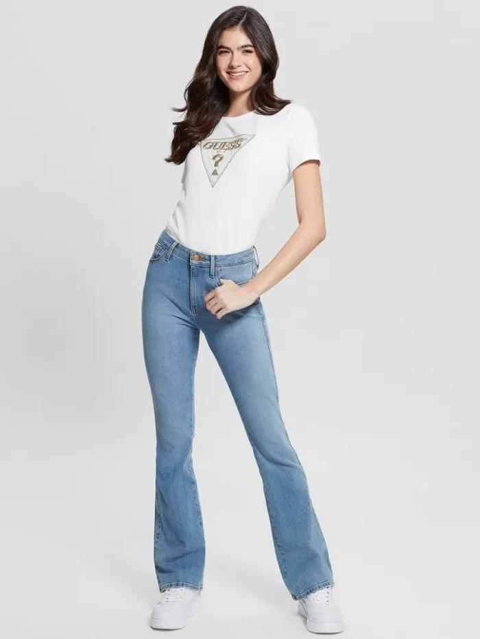 Women GUESS Tops Eco MultiTone Sequin Logo Tee Pure White