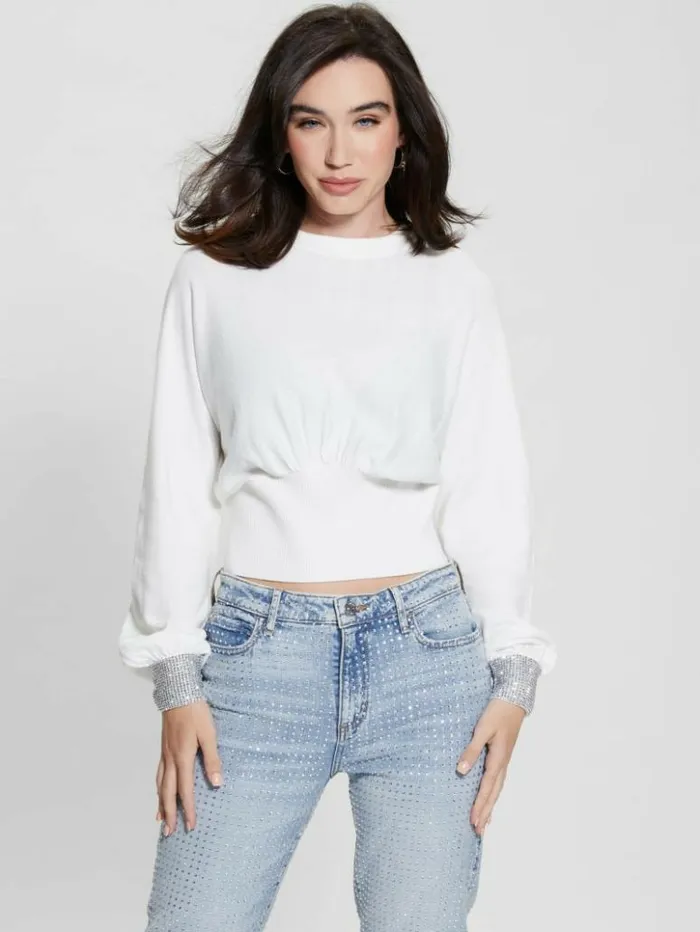 Women GUESS Tops Eco Posa Bling Cuff Sweater Dove Whitesilver