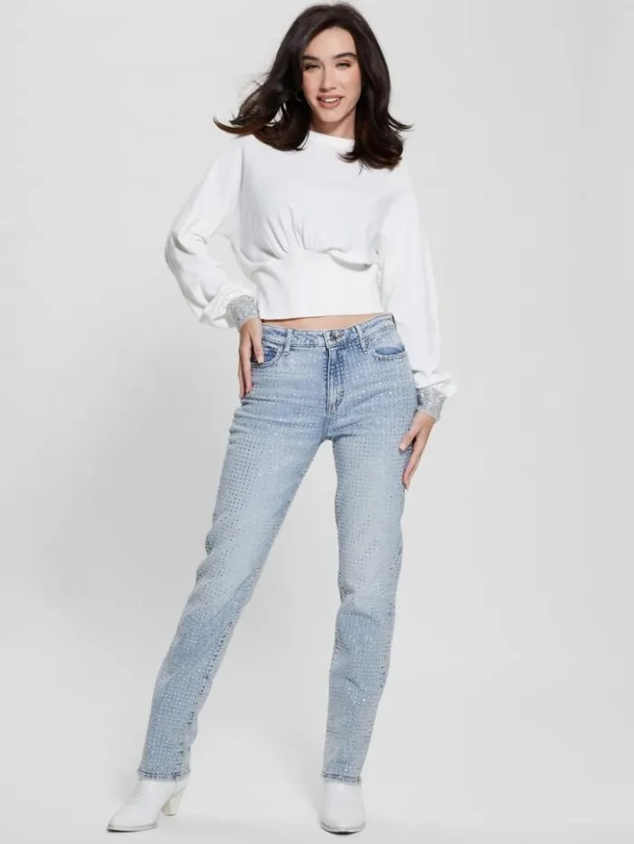 Women GUESS Tops Eco Posa Bling Cuff Sweater Dove Whitesilver