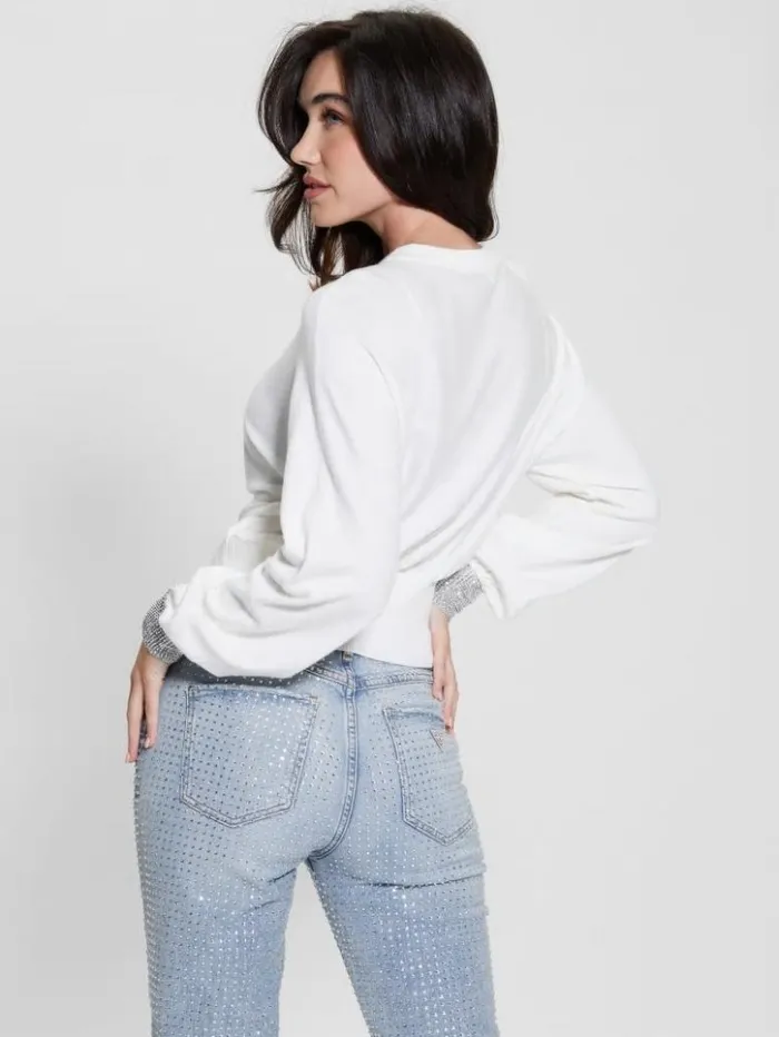 Women GUESS Tops Eco Posa Bling Cuff Sweater Dove Whitesilver