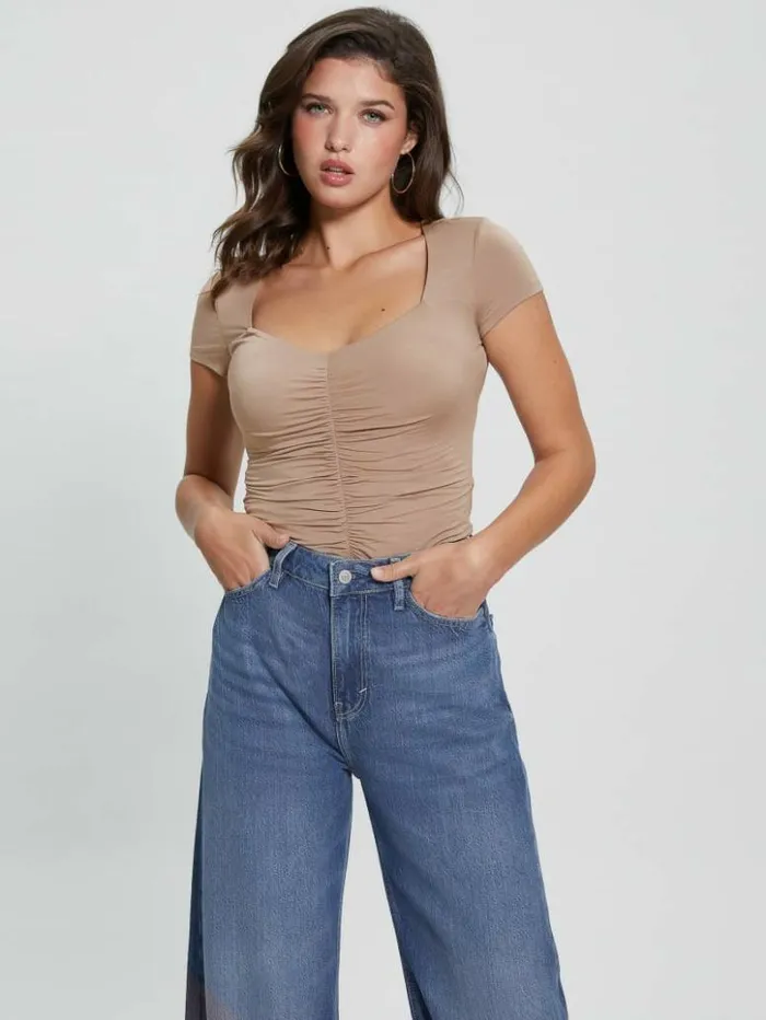 Women GUESS Tops Eco Rayla Ruched Top Silk Taupe