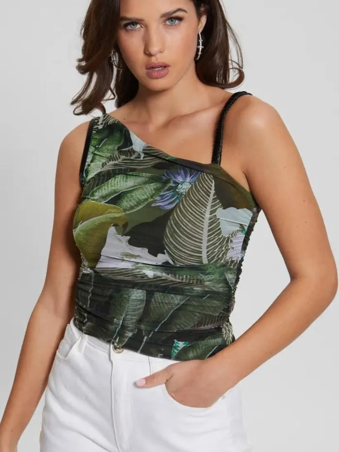 Women GUESS Tops Eco Shirred Asymmetrical Dinah Top Moonlit Tropic Garden