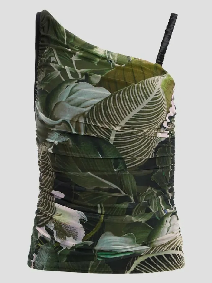 Women GUESS Tops Eco Shirred Asymmetrical Dinah Top Moonlit Tropic Garden