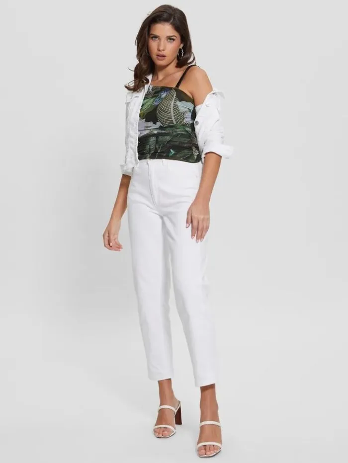 Women GUESS Tops Eco Shirred Asymmetrical Dinah Top Moonlit Tropic Garden