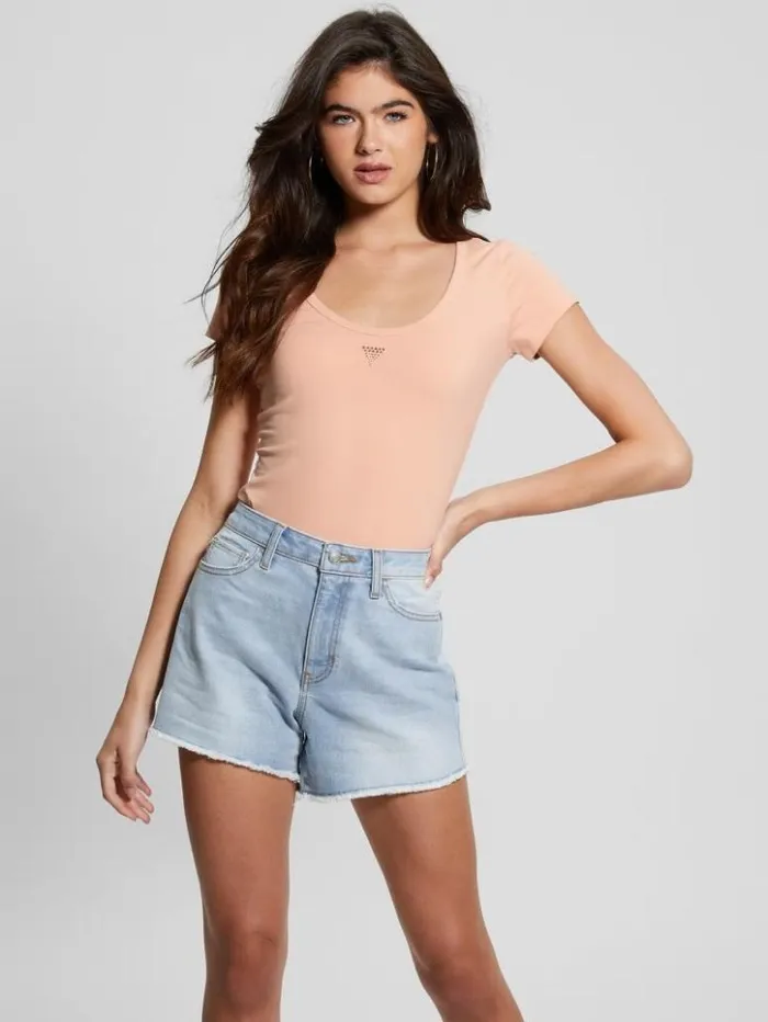 Women GUESS Tops Eco Triangle Scoop Bodysuit Powder Rose
