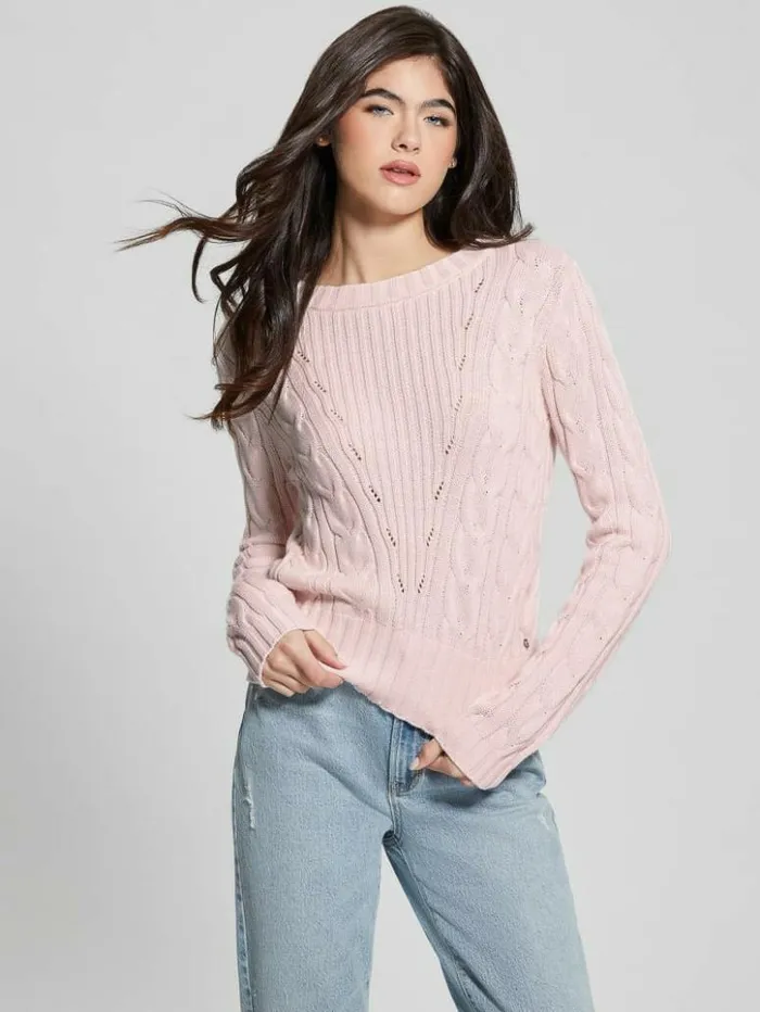 Women GUESS Tops Elle Cable Knit Sweater Low Key Pink