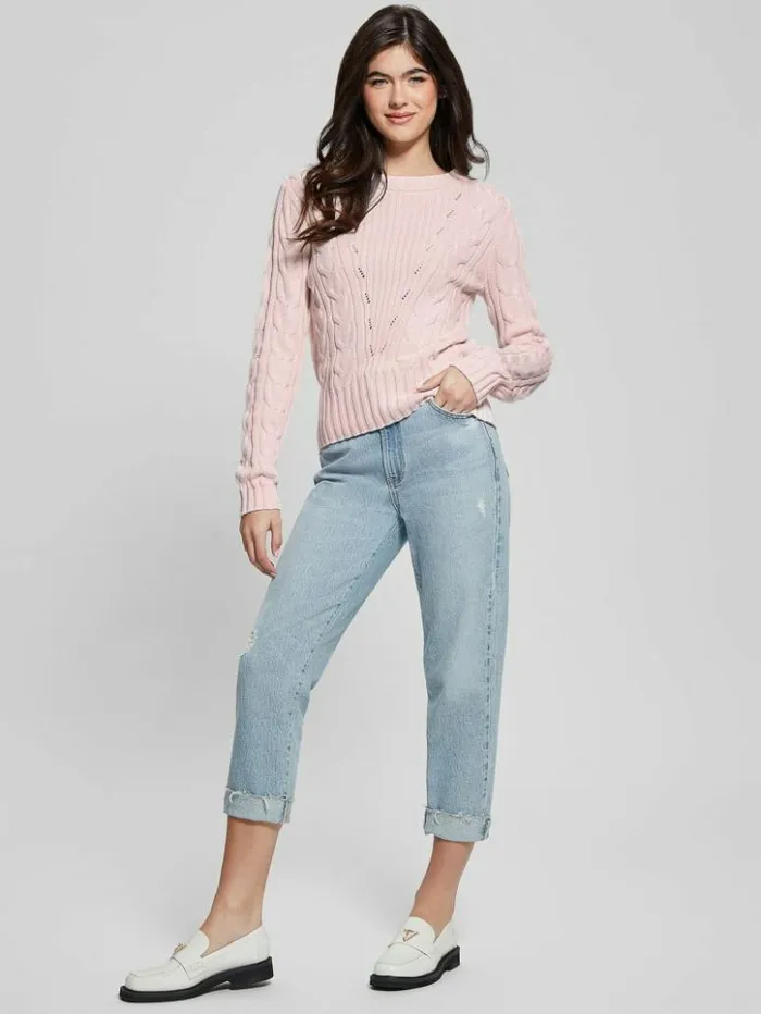 Women GUESS Tops Elle Cable Knit Sweater Low Key Pink