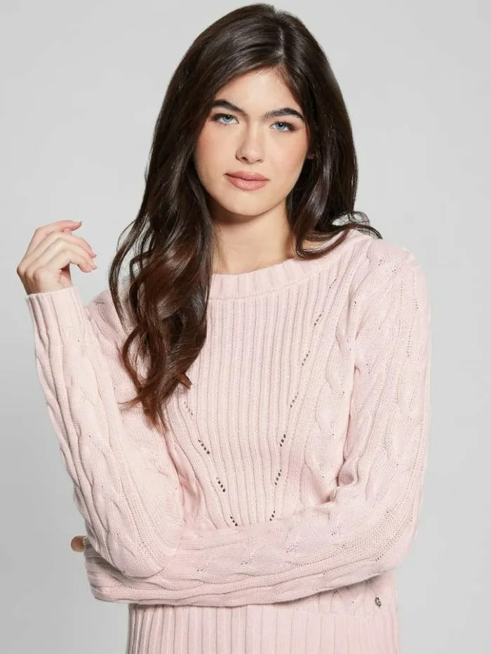 Women GUESS Tops Elle Cable Knit Sweater Low Key Pink