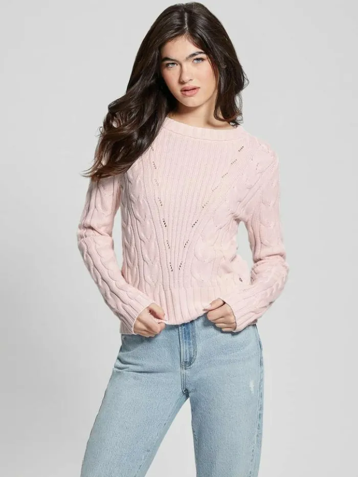 Women GUESS Tops Elle Cable Knit Sweater Low Key Pink