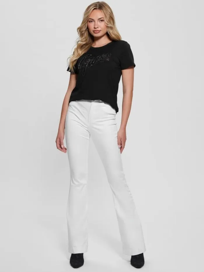Women GUESS Tops Embellished Logo Tee Black