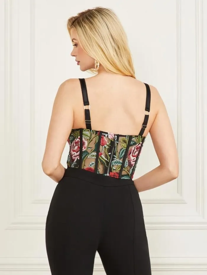 Women GUESS Tops Embroidered Floral Corset Top Black Floral Multi
