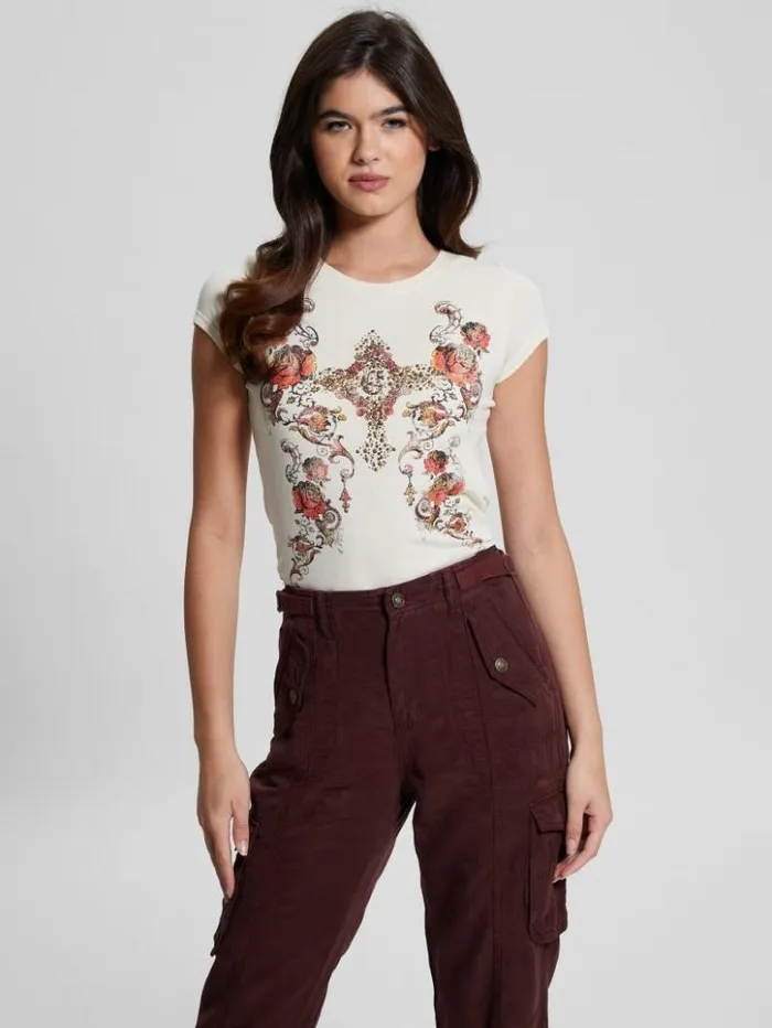 Women GUESS Tops GUESS Is Love Graphic Tee Pearl Oyster