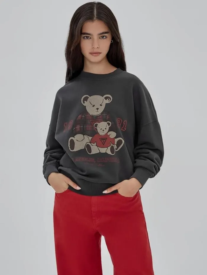 Women GUESS Tops GUESS Originals Bear Oversize Crewneck Jet Black Multi