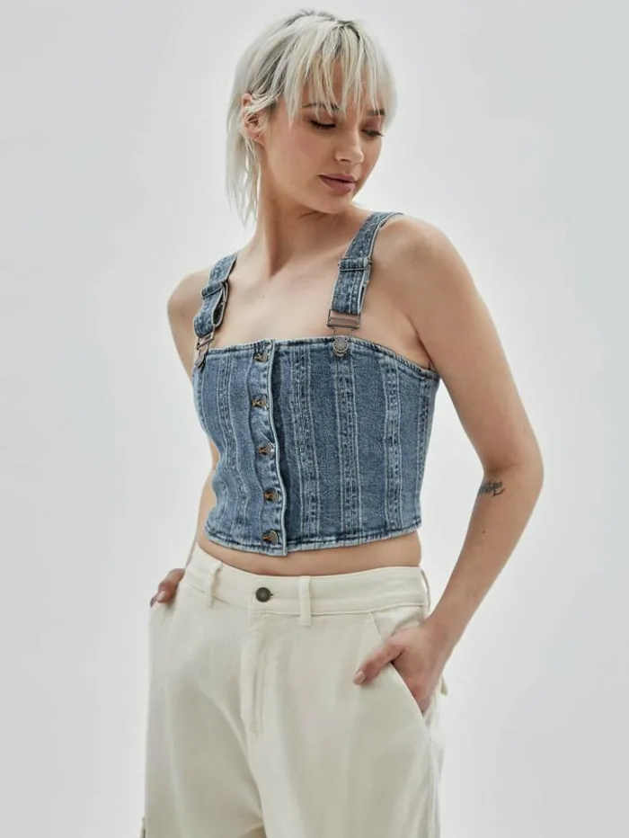 Women GUESS Tops GUESS Originals Bustier Denim Top Go Donna Medium Wash