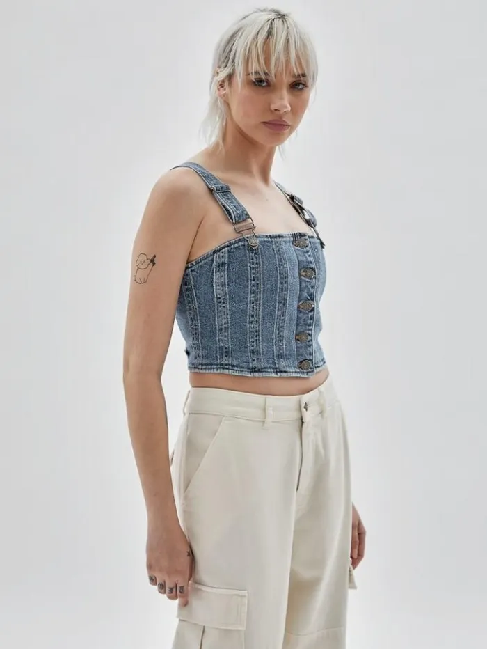Women GUESS Tops GUESS Originals Bustier Denim Top Go Donna Medium Wash