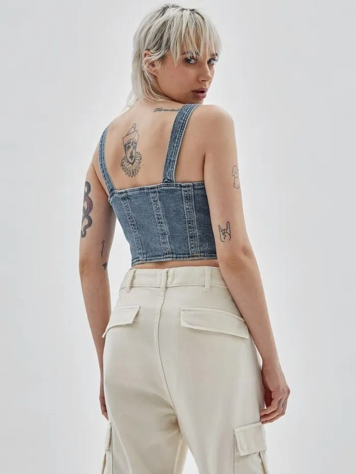 Women GUESS Tops GUESS Originals Bustier Denim Top Go Donna Medium Wash