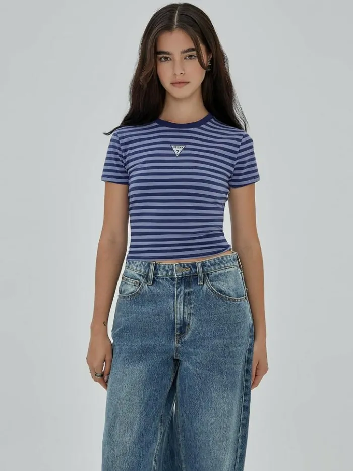 Women GUESS Tops GUESS Originals Core Striped Baby Tee Prism Violet Multi