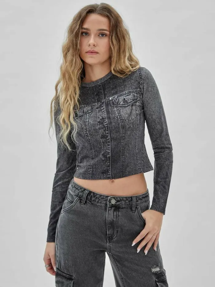 Women GUESS Tops GUESS Originals Eco Printed Denim Top Jet Black Multi