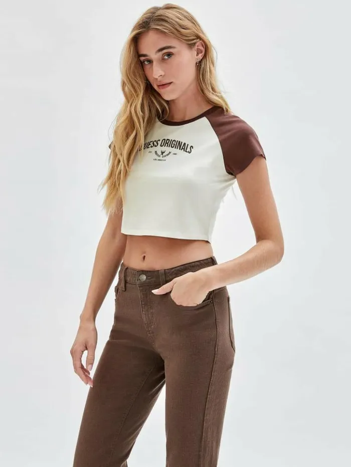 Women GUESS Tops GUESS Originals Raglan Crop Baby Tee Sandy Shore Multi