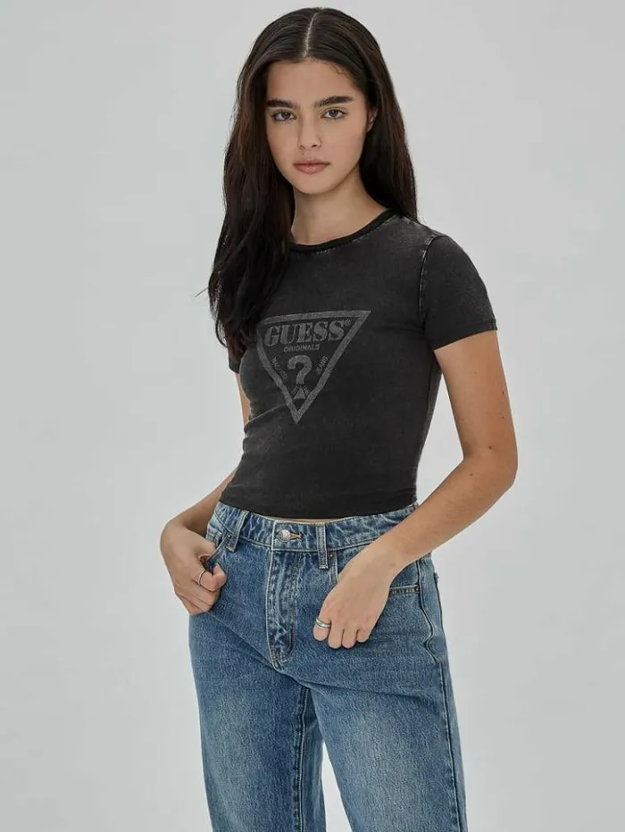 Women GUESS Tops GUESS Originals Vintage Triangle Baby Tee Jet Black Multi