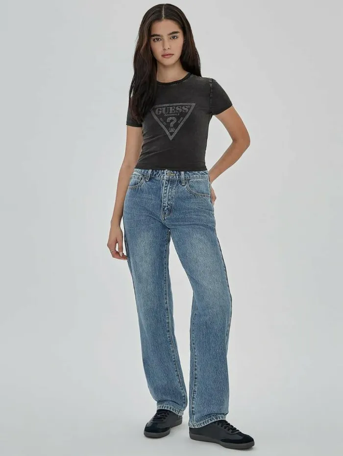 Women GUESS Tops GUESS Originals Vintage Triangle Baby Tee Jet Black Multi